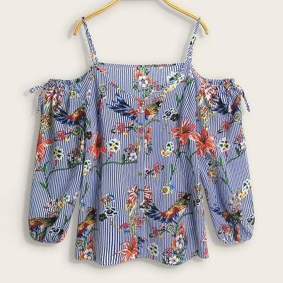 China Wholesale 100% Polyester Floral Drop Shoulder Breathable Striped T Shirts for sale