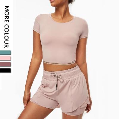 China Women Breathable Elastic Soft Nylon Two Piece Sportswear Fitness Crop Top Set 2 In 1 Shorts Workout Yoga Suit Set Gym Fitness Sets for sale