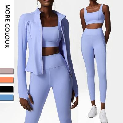 China High Waist Yoga Set Leggings Women Workout Clothing Long Sleeve Shirt Breathable Sports Bras Gym Fitness Workout Sets for sale