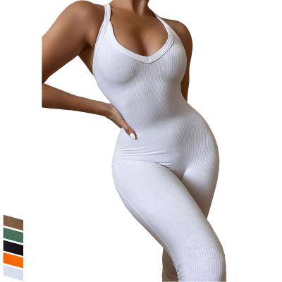 China Breathable One-Piece Gym Romper Sleeveless Ribbed Backless Overalls Yoga Equipment Women Plus Size Overalls Playsuits for sale