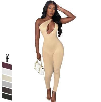 China Custom Made Overalls Slim Skinny Cut Out Sexy One Shoulder Breathable Rompers Women Summer Active Wear Solid Backless Overalls for sale