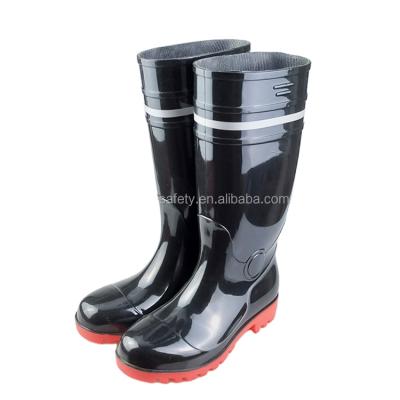 China PVC BLACK RAIN BOOTS WITH STEEL TOE CAP AND MIDSOLE WITH RED UNIQUE LOGO RUBBER BOOTS WITH REFLECTIVE STRIPE for sale