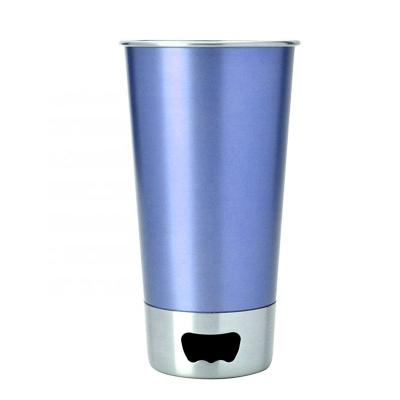 China Custom Logo 16oz Disposable 304 Pint Stainless Steel Single Wall Glass Beer Mug With Beer Opener Base for sale