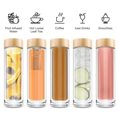 China Custom BPA Free Logo Double Wall High Borosilicate Glass Tea Infuser Bottle Tumbler With Strainer For Herbal Loose Leaf With Bamboo Lid for sale