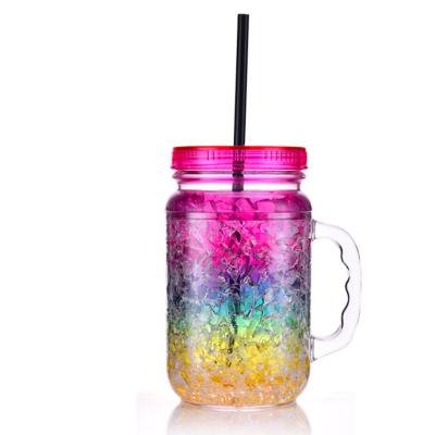 China BPA Free 20OZ Custom Made Mason Jar Double Wall Freeze Plastic Frosty Freezer Mug with Lid and Straw for sale