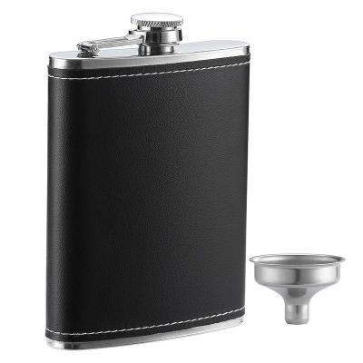 China BPA Free Food Grade 304 18/8 8 oz Stainless Steel Pocket Flask Liquor Curved Hip Flask With Black Leather Cover for sale