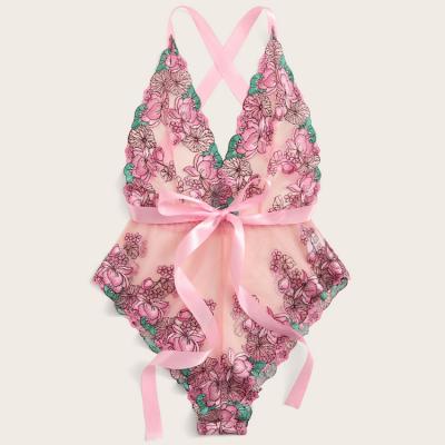 China Sexy Mesh Flower Embroidery Satin Bow Belt Home Wear Women's Underwear Plus Size Lingerie Sexy Jumpsuit For Fat Girls for sale