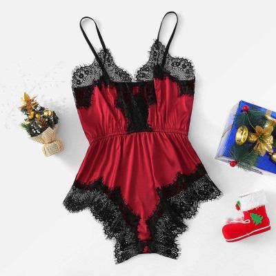 China Amazon best selling cotton/polyester sheer black lace satin red women's sexy underwear jumpsuit for sale