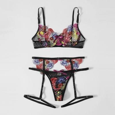 China Customized French new women's lace sexy underwear transparent mesh sexy lingerie factory embroidered flower sexy underwear set for sale