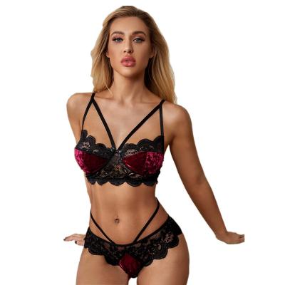 China Sexy lingerie customize new European and American velvet contrast lace perspective sexy lingerie set for sale