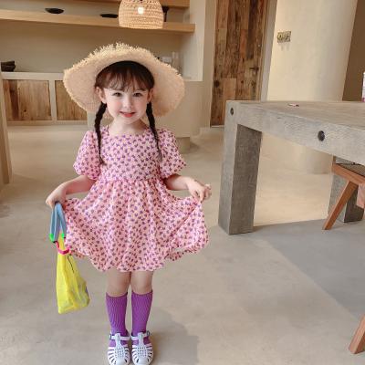 China Kids Floral Print Design Fashion Cotton Girls Long Elegant Dresses Knee-Length Washable Soft Dress for sale