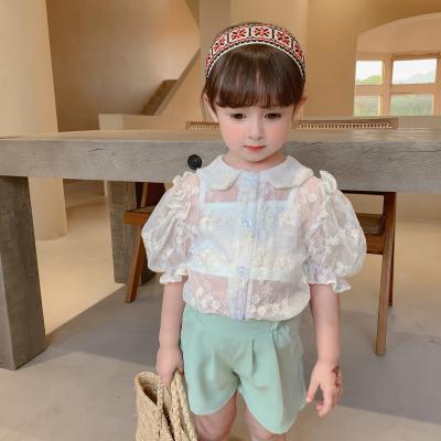 China New Korean edition summer anti-shrinkage small and medium girls fashion baby slim shirt with short sleeves of lace temperament for sale