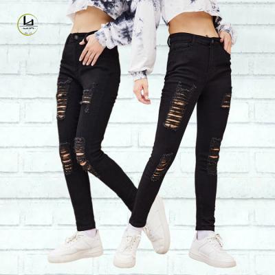 China Breathable Ladies Fashion High Waist Slim Fit Pants Distressed Stretch Black Jeans Customized Ripped Skinny Denim Pants Women for sale