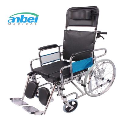 China High Back Folding Commode Wheelchair Steel Frame Extended Extended Detachable Wheelchair Chrome Frame Wheelchair With Toilet CW07GCU for sale