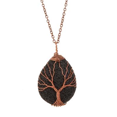 China Wholesale CLASSIC 2021 Tree Of Life Water Drop Necklace Lava Stone Wire Wrap Chakra Pendant Necklace for sale