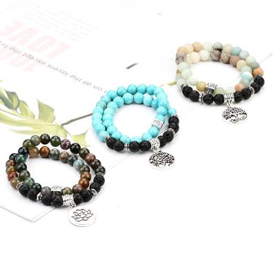 China Matte Gemstone Bead Lotus Or Casual Tree Of Life Charm Double Wrap Gemstone Bead Bracelet for sale