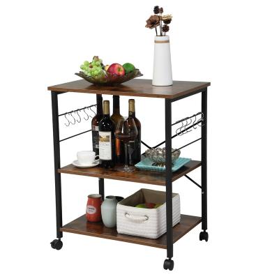 China Wholesale Modern Wooden Desgin Kitchen Furniture 3 Tier And Metal Storage Trolley Cart With Wine Glass Racks And Wheels for sale