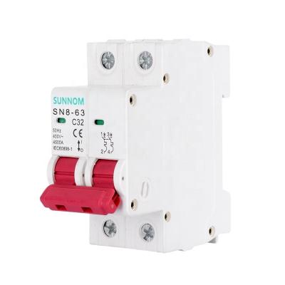 China SN8-63 2P 4.5KA Disyuntor 40A 50A 63A Flame Retardant Plastic Type MCB 400V Mini Din Rail AC Circuit Breaker for sale