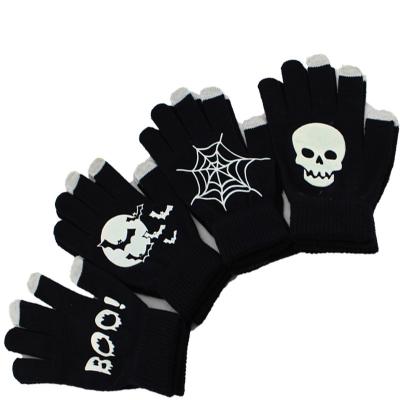 China Jacquard Stretch Gloves Men's Autumn Winter Warm Knit Fingerless Halloween Luminous Skull Printing Non-Slip Recycling Gloves Custom Made for sale