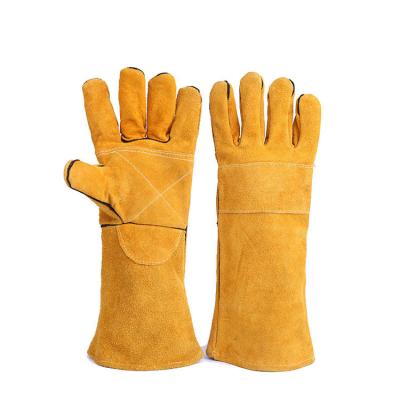 China Anti-static Heat Resistant Cowhide AB Leather Welding Gloves Long Grade Yellow Calfskin Full Leather Arc-welders Gloves for sale