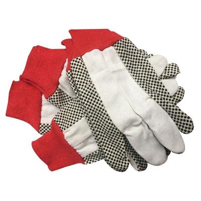 China Hot Selling 12OZ 90g 25cm PVC Dots Double Palm Canvas Work Anti-Slip Gloves With Red Knitted Cuff for sale