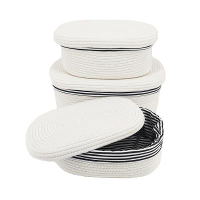 China Sustainable High Quality 3PCS Woven Cotton Rope Storage Baskets With Lid for sale