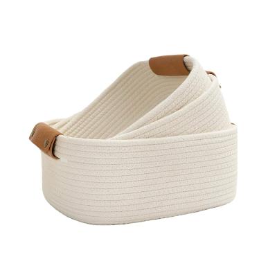 China Sustainable Collapsible Rectangle Woven Cotton Rope Storage Baskets Bin Set Of 3 With Durable Leather Handle for sale