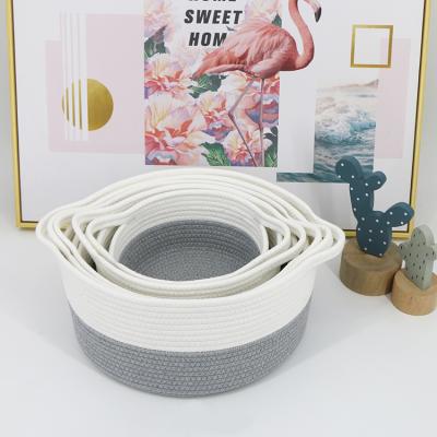 China Sustainable Handmade Home Organizer Cotton Rope Woven Sundries Storage Basket Set With Handles for sale