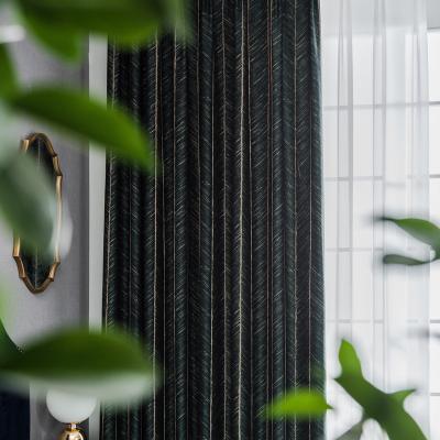 China Dark Green Luxury Gold Line Curtain In Blackout Jacquard Panels Stripes Bedroom Living Room With Fishbone Pattern Herringbone Curtain for sale