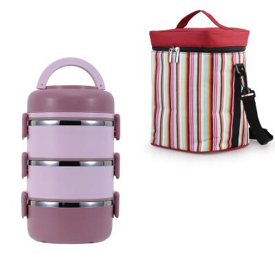 China Stainless Steel Tiffin Food Container Viable Lunch Box Insulated Portable Bento Storage Box and Trash Cans Contrast Color in 3 Layers for sale