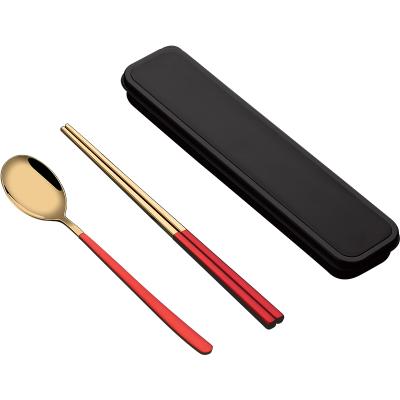 China Travel 3PCS Stainless Steel Viable Outdoor Portable Chopsticks Spoon Gold Flatware Set with Plastic Case for sale