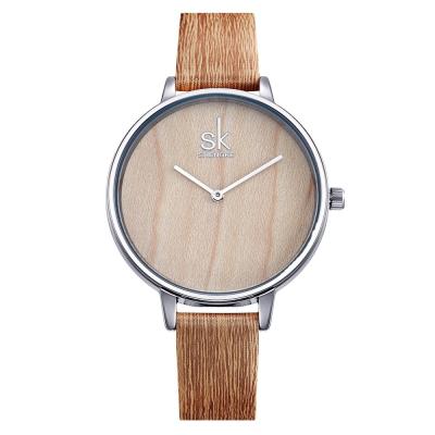 China Creative new fashion 2021 wooden grain waterproof PU strap round waterproof women quartz watch for sale