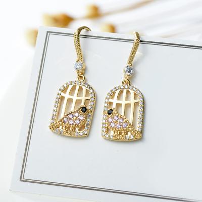 China FASHIONABLE Amazon Birdcage Jewelry Women Gold Cavity Inlaid Cute Pink Zircon Earrings New for sale