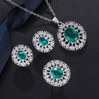 China 4 Pieces Luxury Fashionable Luxury Earrings Ring Necklace Set Green Diamond Topa Women Jewelry Set Blue Oval Platinum Plated for sale