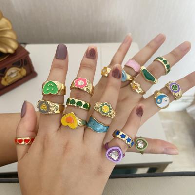 China Wholesale FASHIONABLE Flower Heart Yin Yang Tai Chi Gossip Drip Glaze Women's Chunky Gold Ring Set for sale