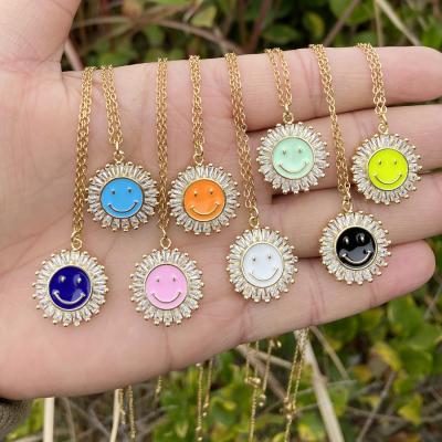 China 2022 Cute Zircon Sunflower Micro-set Copper Collection Spring Oil Smiley Stainless Steel Necklace for sale