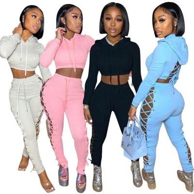 China Anti-static winter and autumn two-piece sets knit women clothing hoodie tie pants sports women two-piece sets for sale