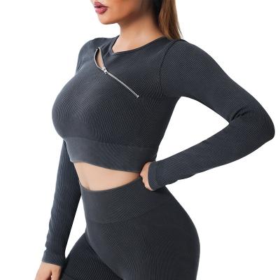 China Factory Price Breathable Women Fitness Softness Tops Wear Black Sweat-Wicking Wholesale Knit Solid Sports Yoga Long Sleeved for sale