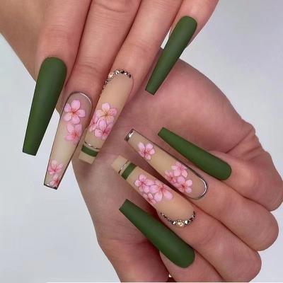 China 24pcs/box Design Press On Ballerina False Nail Tips Long Press On Nails With Rhinestones Flower Wearable Acrylic Artificial Nails for sale