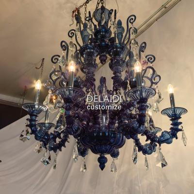 China Contemporary handmade hotel lobby banquet blue villa restaurant murano glass pendant lighting candles chandelier for sale