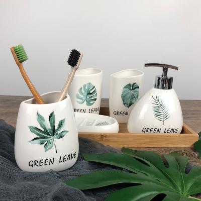 China Wholesale Stocked Customized Printed White Ceramic With Decal Printing Porcelain Bathroom Accessory Set for sale