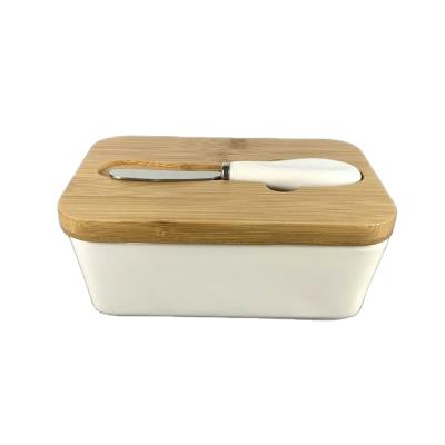 China Sales Steamable Amazon Rectangle Porcelain Butter Keeper Lid Bamboo Airtight Warm White Butter Box Ceramic Butter Dish With Knife for sale