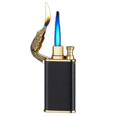 China Mordern JUJI Frosted Crocodile Dolphin Pattern Metal Butane Lighter Double Flame Cigarette Lighter Custom Logo for sale