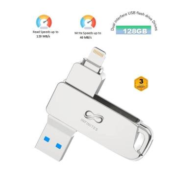 中国 インフィニット 128GB USB OTG フラッシュドライブ for Apple デュアルインターフェイス USB フラッシュドライブ 読み速さ最大120 MB/S,書き速さ40 MB/S 販売のため