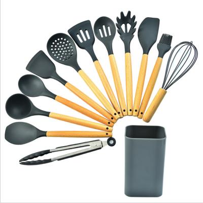 China Sustainable 13 Pieces In 1 Set Silicone Kitchen Accessories Cooking Tools Kitchenware Silicone Kitchen Utensils With Wooden Handles for sale