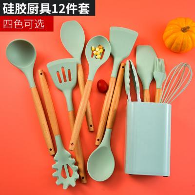 China Viable Hot Selling Silicone Cooking Tools Utensils 12 Pieces Silicone Kitchen Instruments Accessories Eco-friendly Wooden Utensils Set for sale