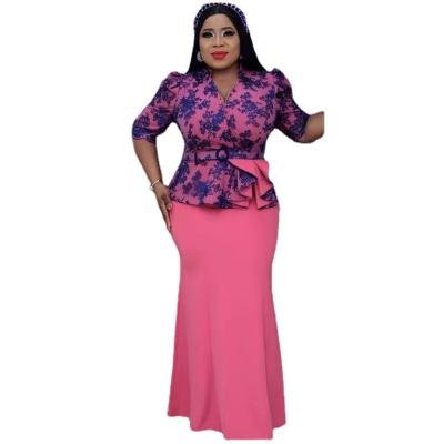 China Breathable African Office Skirt Lace Plus Size African Quilted Dress Set Long Skirt Two Piece Dress for sale