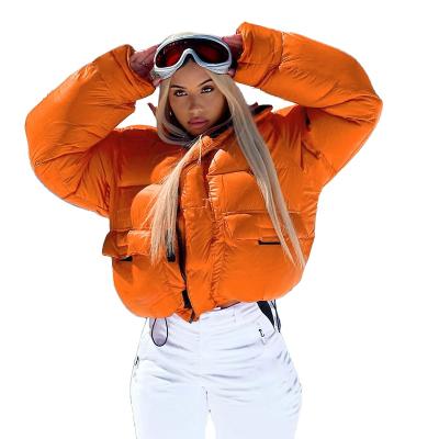 China New Breathable Down In The Winter Zipper Down Jacket Stand Collar Crop Bubble Stripper Down Jacket For Ladies for sale