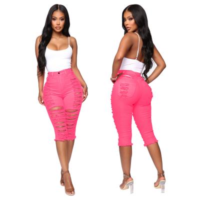 China Wholesale Breathable Women Sexy Tight Jeans Pink Bandage Scratch Ripped Denim Shorts for sale