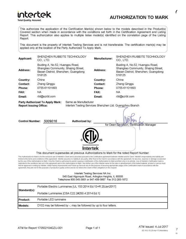 ETL - Shenzhen Ruibeite Optoelectronic Co., Ltd.